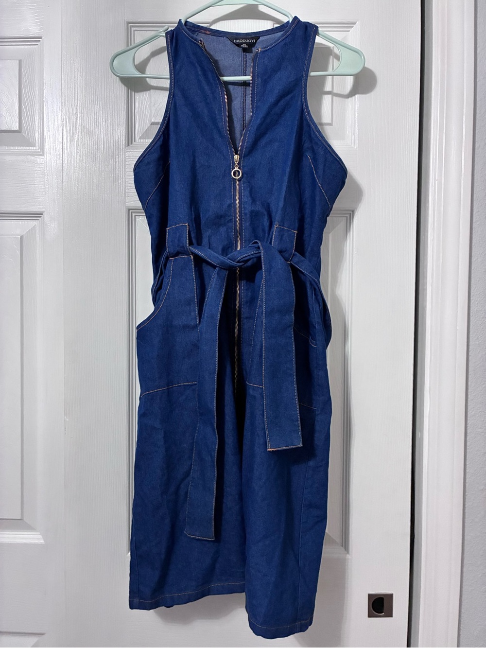 Dark Blue Sleeveless Zip Front Denim Dress with Tie Waist